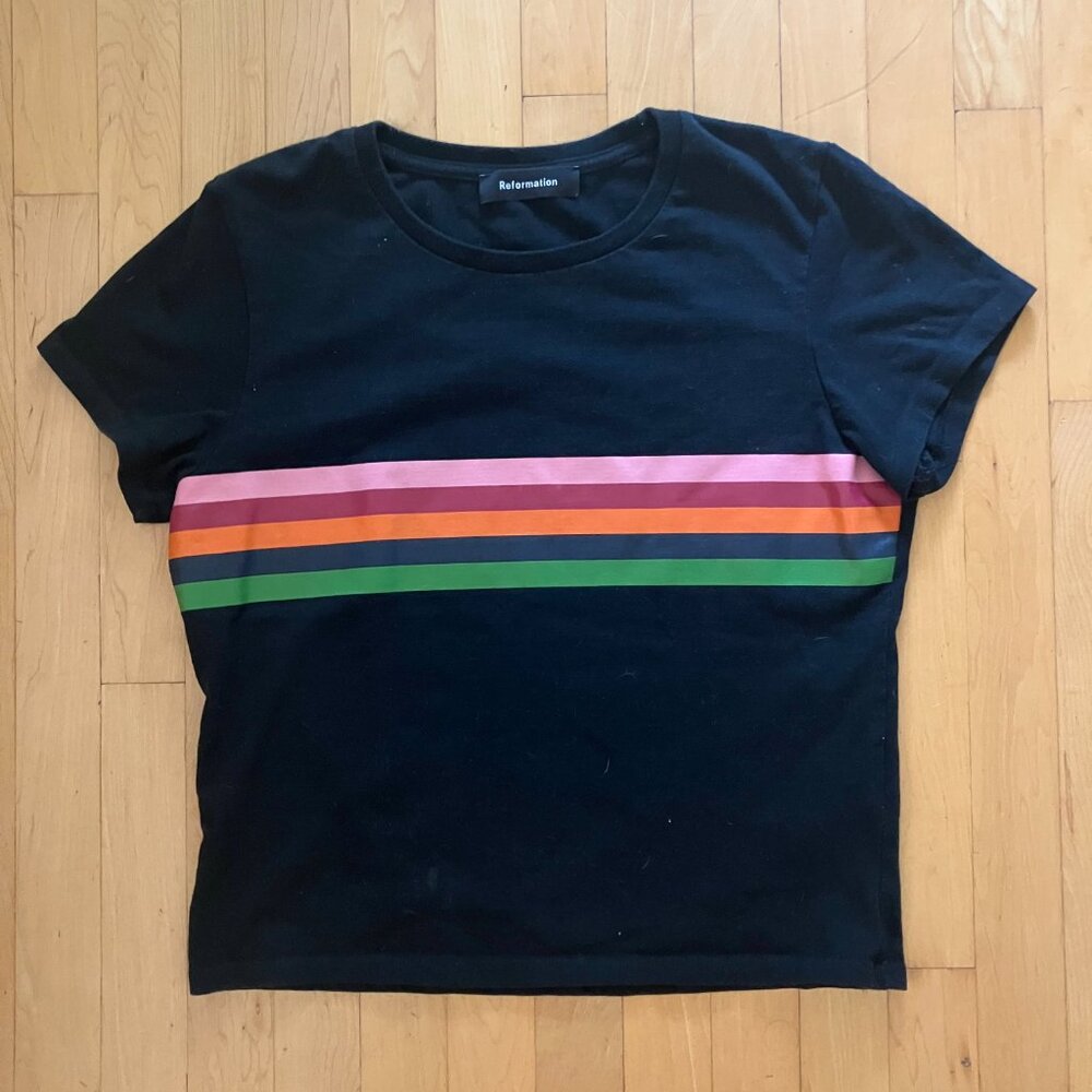 Reformation Black Short Sleeve Tee with Pink, Orange & Green Stripe